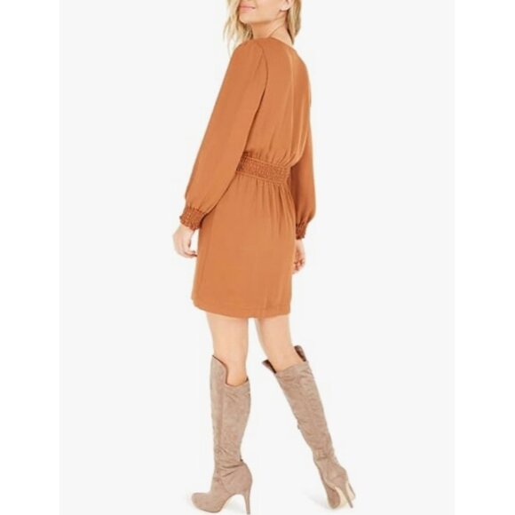 BAR III + Becca Tilley Brown Long Sleeve Smocked Waist Mini-Length Dress Large - Picture 2 of 11
